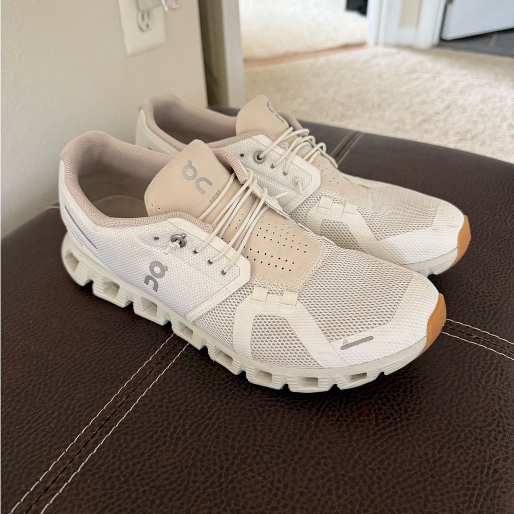 On Running White and Tan Sneakers